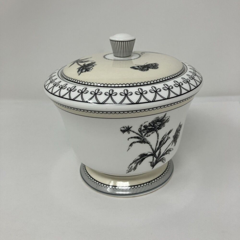 Charter Club Tuilleries Tan Sugar Bowl with Lid Flower Butterfly